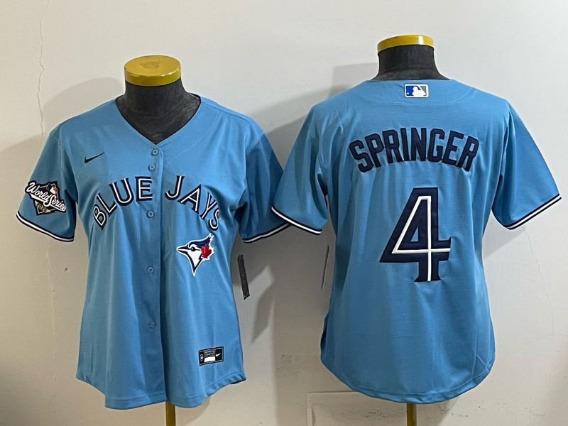 Women 2025 Toronto Blue Jays #4 Springer  Light blue Game Nike MLB Jersey style 002->women mlb jersey->Women Jersey